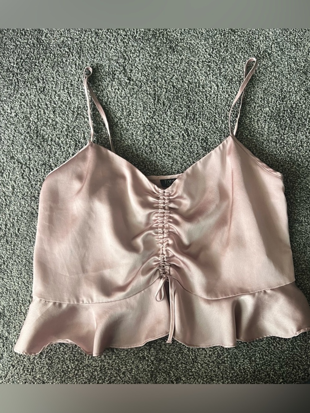 TOPSHOP Pink Satin Ruched Cami with Flounce Hem